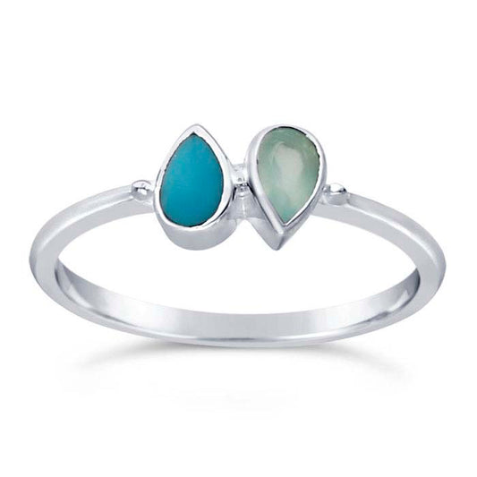 Sterling Silver turquoise and aqua chalcedony 2 Stone double pear teardrop ring